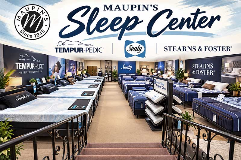 Maupin's Sleep Center offering Tempurpedic, Sealy, and Stears and Foster mattresses at Maupin's Home Furniture