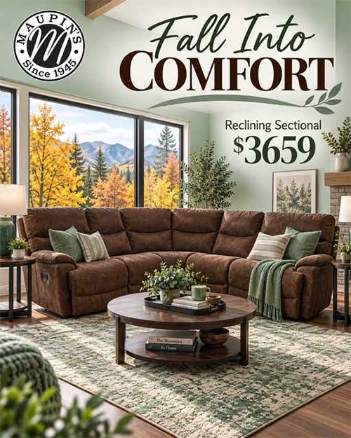Fall in Comfort with Reclining Sectional only $3659 at Maupin's Home Furniture